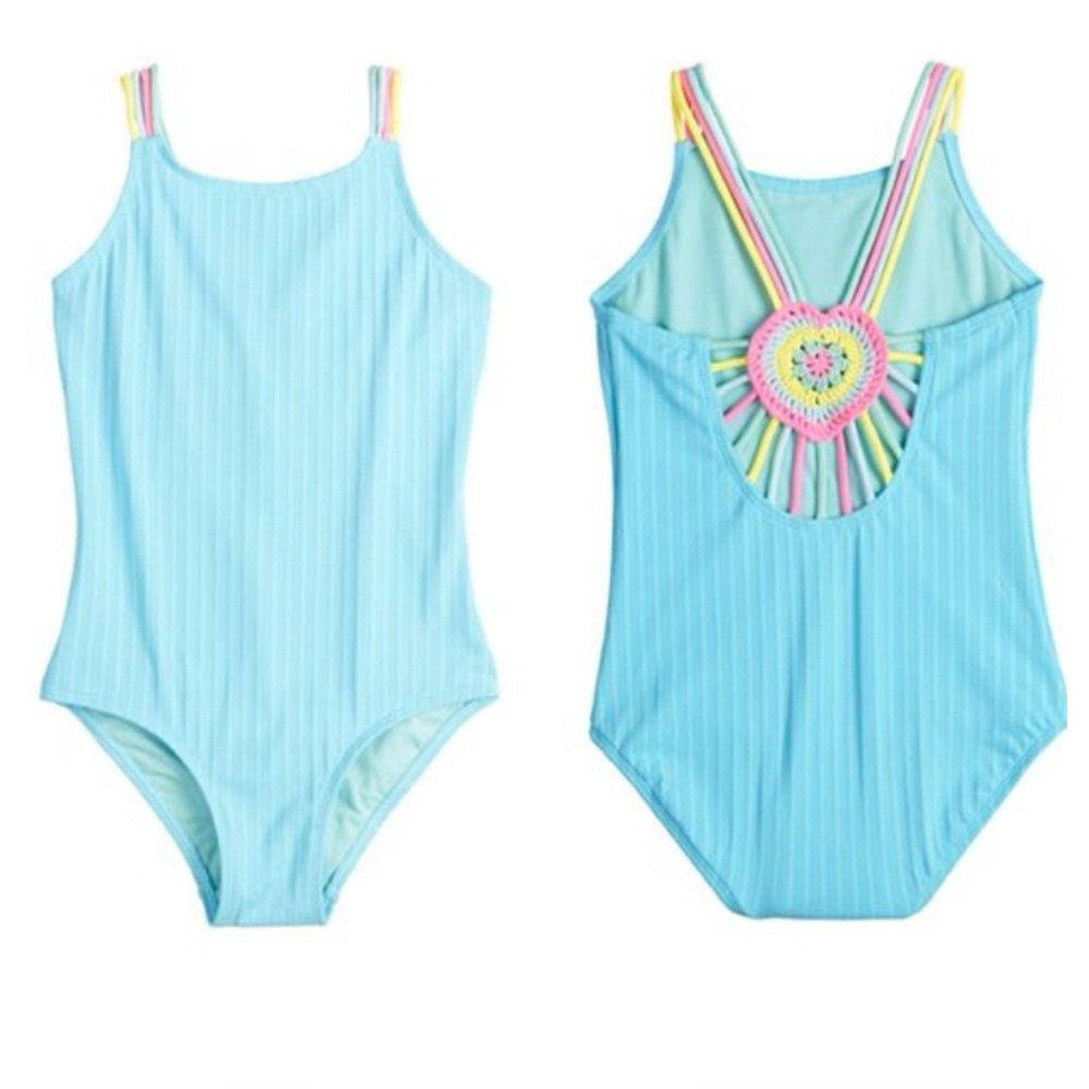 Blue Striped Swimsuit with Heart Detail